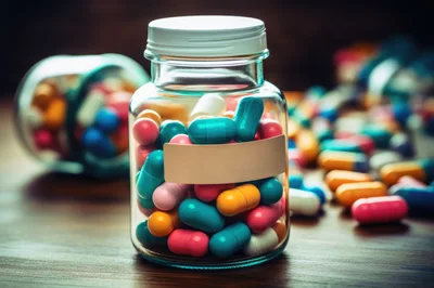 Glass Bottle Filled With Colorful Pharmaceutical Capsules