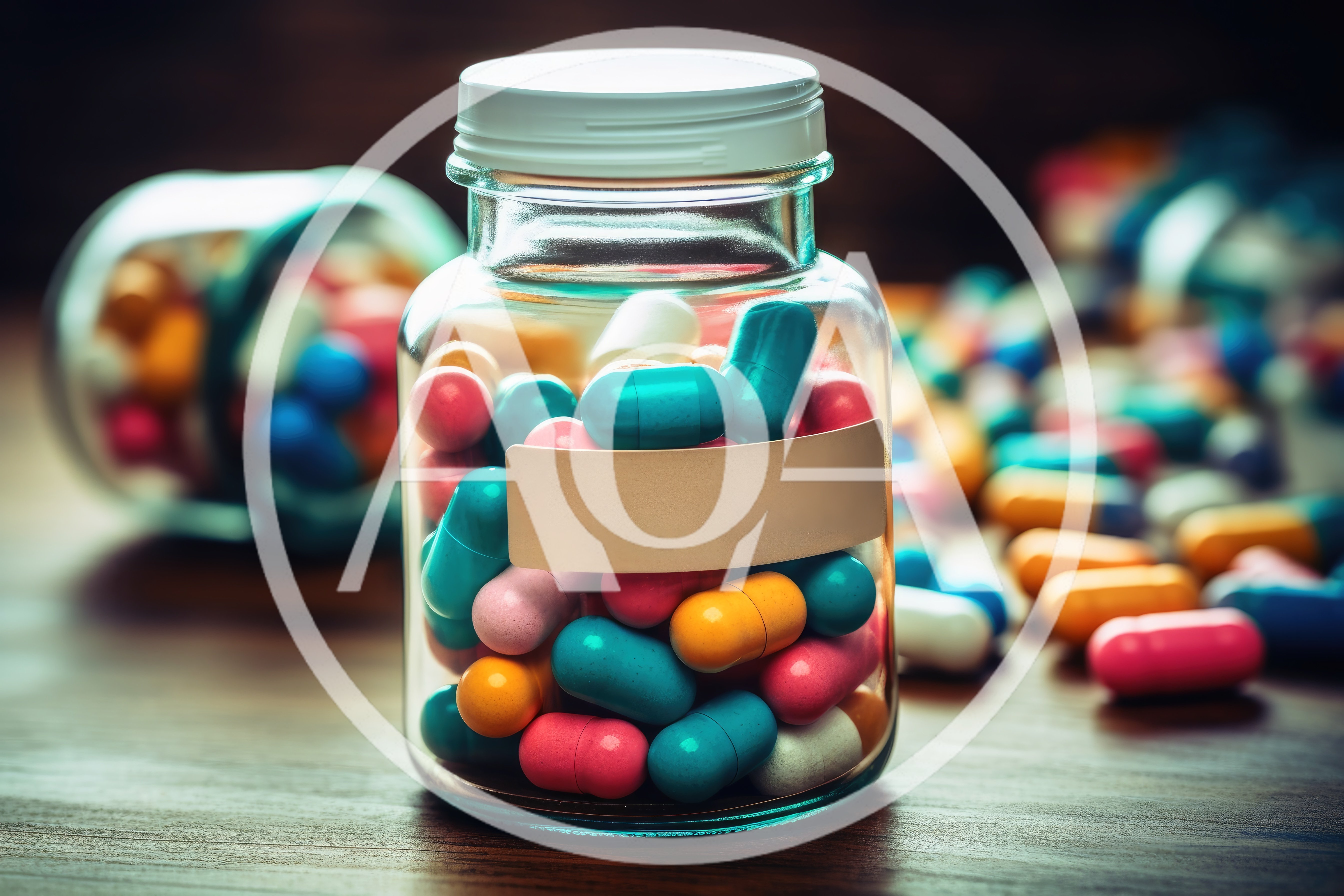Glass Bottle Filled With Colorful Pharmaceutical Capsules