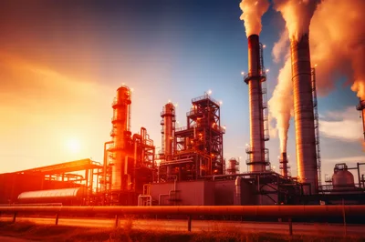 Industrial Oil Refinery Plant At Sunset