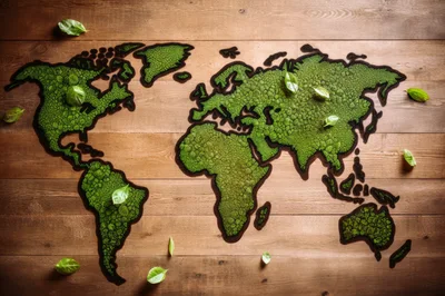 World Map Made Of Green Moss On Wooden Background