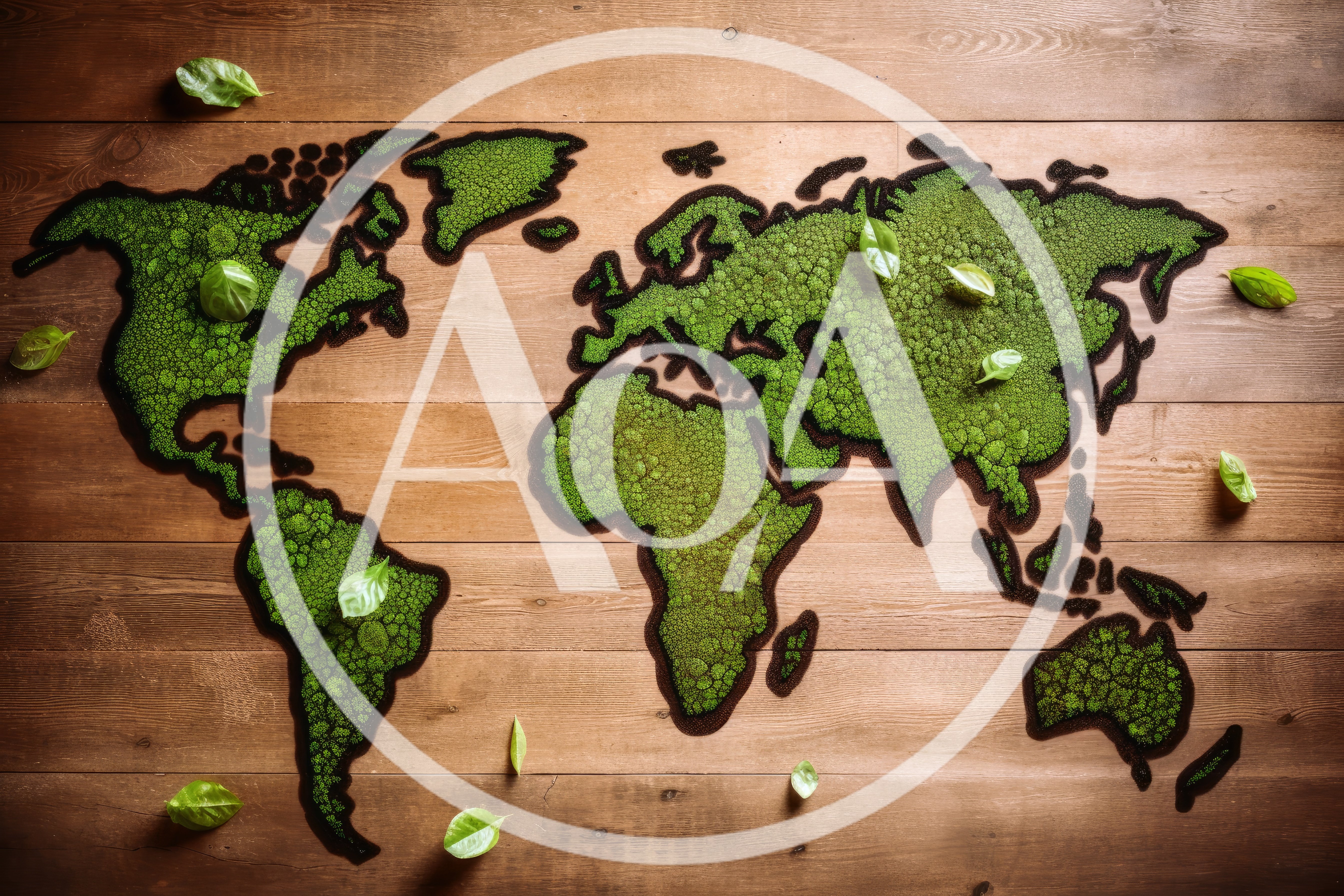 World Map Made Of Green Moss On Wooden Background