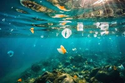 Plastic Pollution Floating in Clear Ocean Water