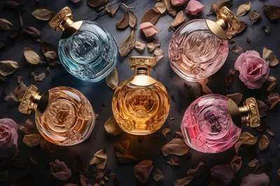 Five Luxury Perfume Bottles Surrounded By Rose Petals