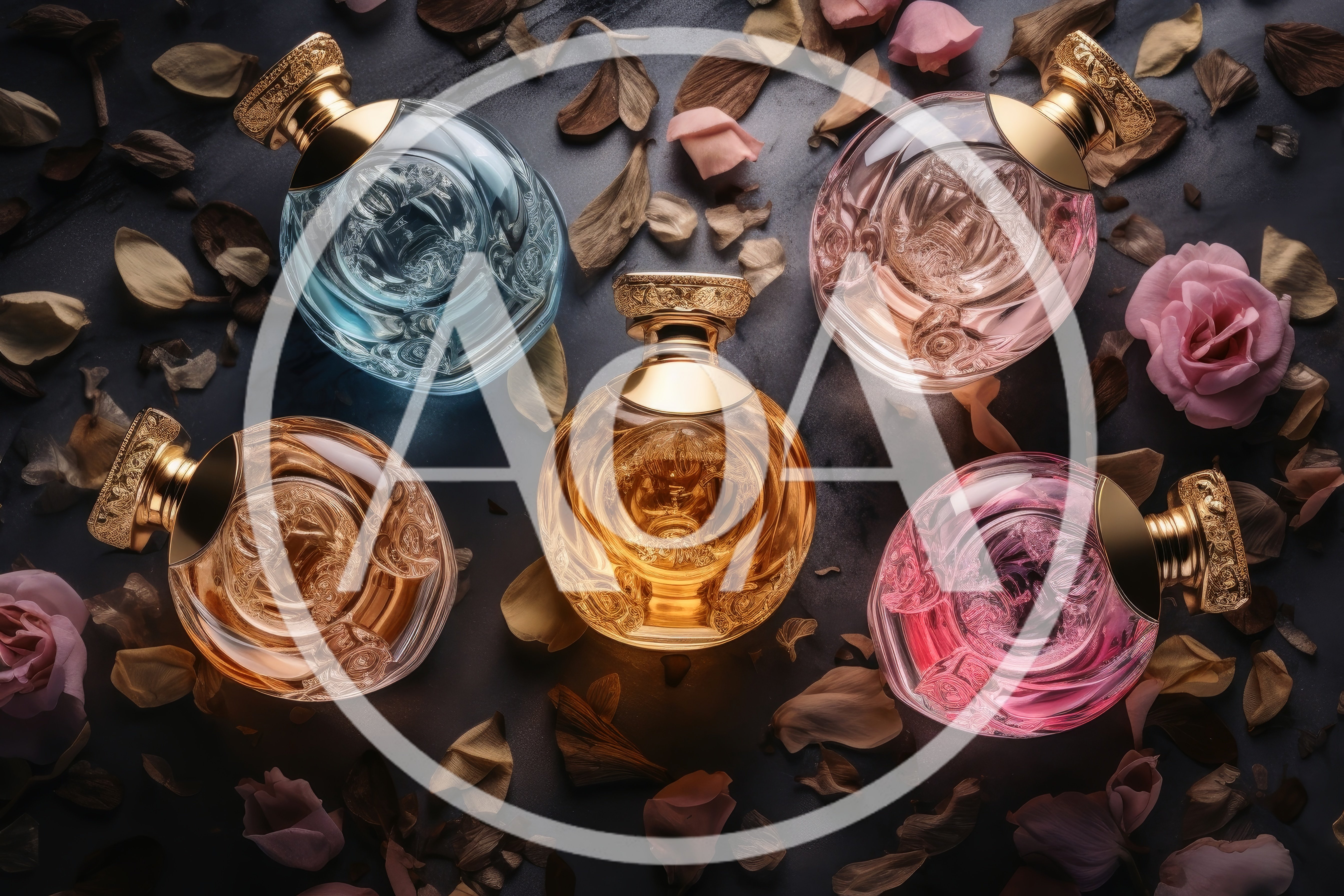 Five Luxury Perfume Bottles Surrounded By Rose Petals