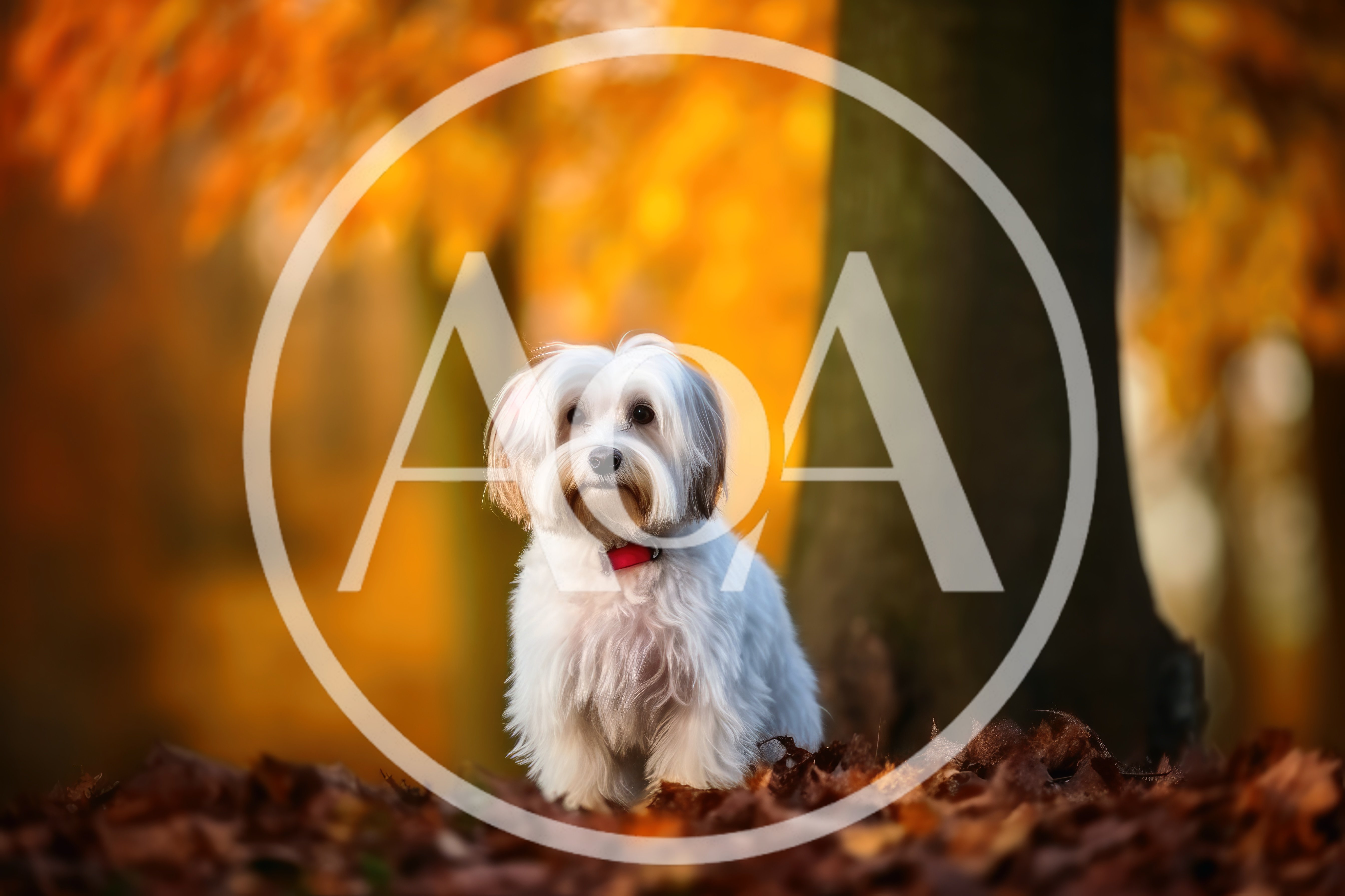 Small White Havanese Dog Sitting In Autumn Leaves