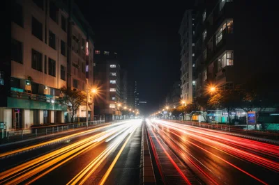Long Exposure Light Trails On Urban City Street