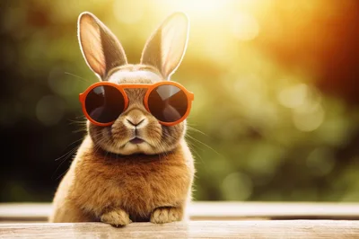 Cute Brown Rabbit Wearing Orange Sunglasses Outdoors