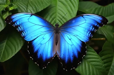 Blue Morpho Butterfly Resting On Green Leaves
