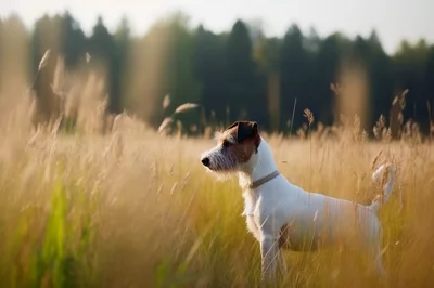 Wire Fox Terrier Standing In Golden Field