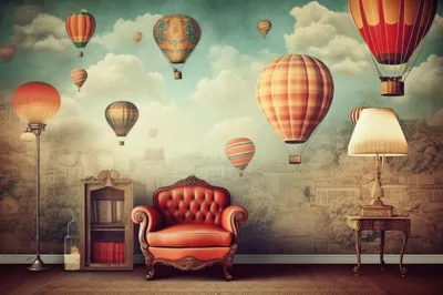 Vintage Leather Armchair With Surreal Hot Air Balloon Wallpaper