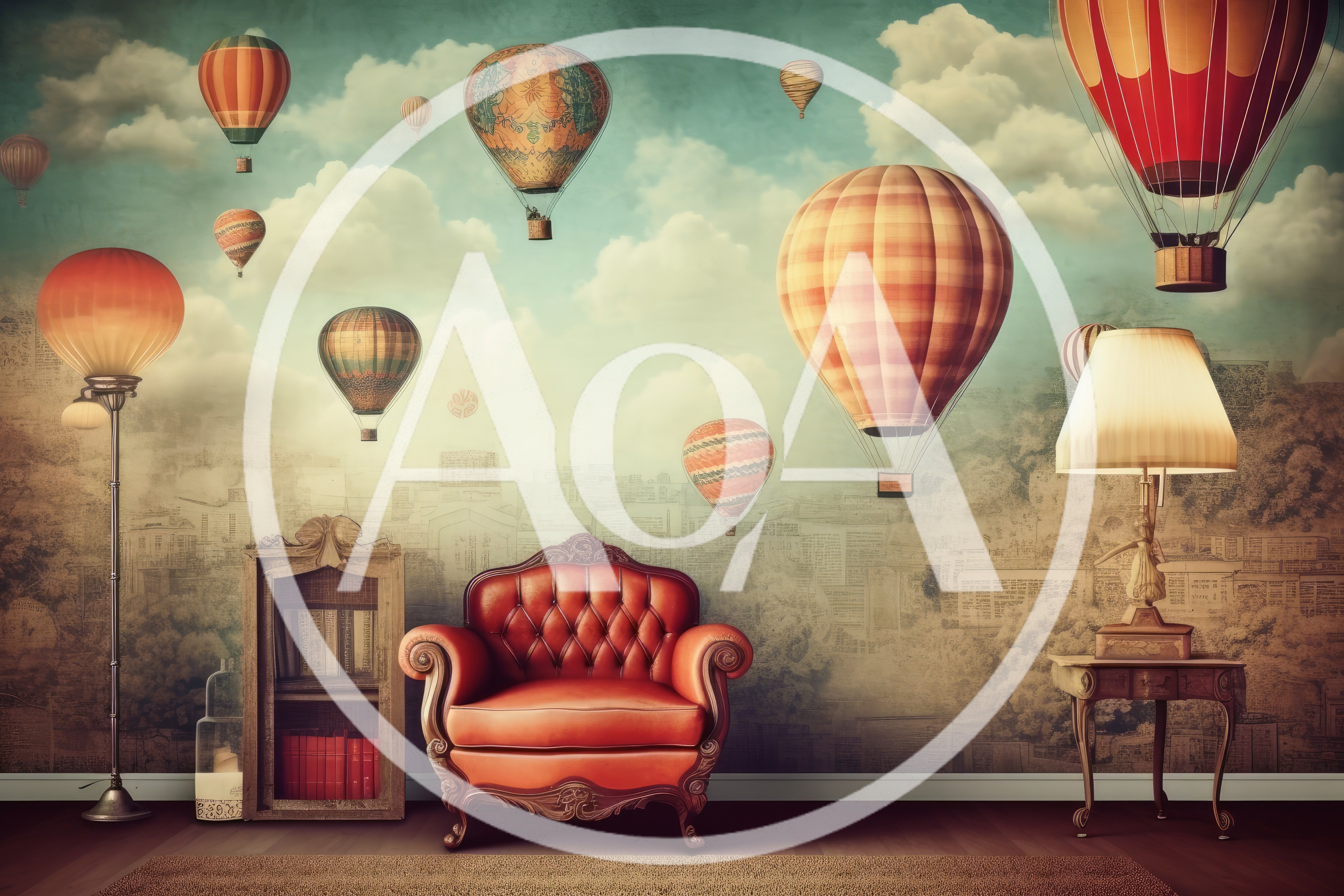 Vintage Leather Armchair With Surreal Hot Air Balloon Wallpaper