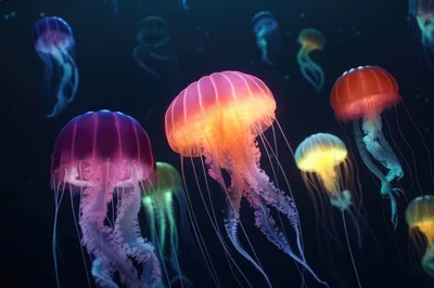 Bioluminescent Jellyfish Floating In Deep Ocean Waters