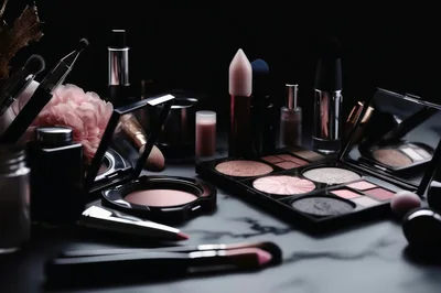 Luxury Makeup Collection Displayed on Marble Surface