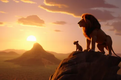 Adult Lion And Cub Standing On Rocky Outcrop