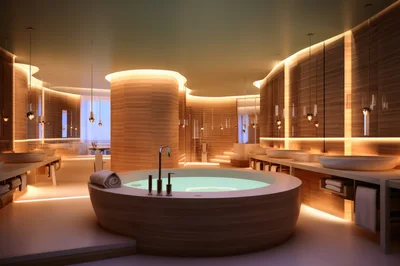 Luxury Modern Bathroom With Circular Wooden Bathtub
