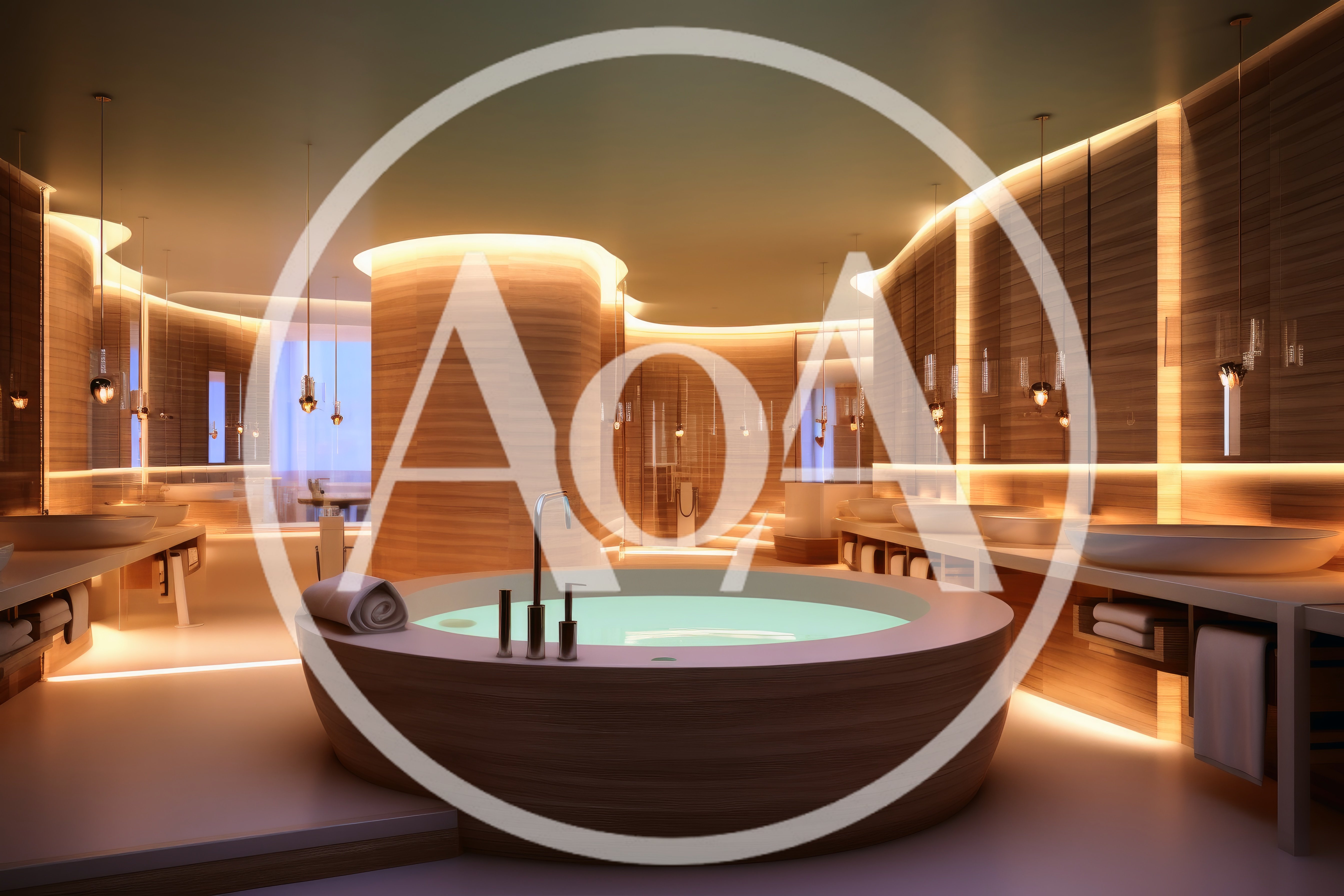 Luxury Modern Bathroom With Circular Wooden Bathtub