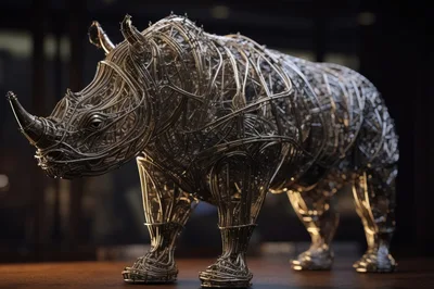 Intricate Metallic Wire Sculpture Of A Rhinoceros