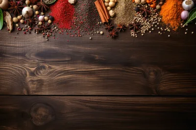 Assorted Spices and Herbs on Dark Wooden Background