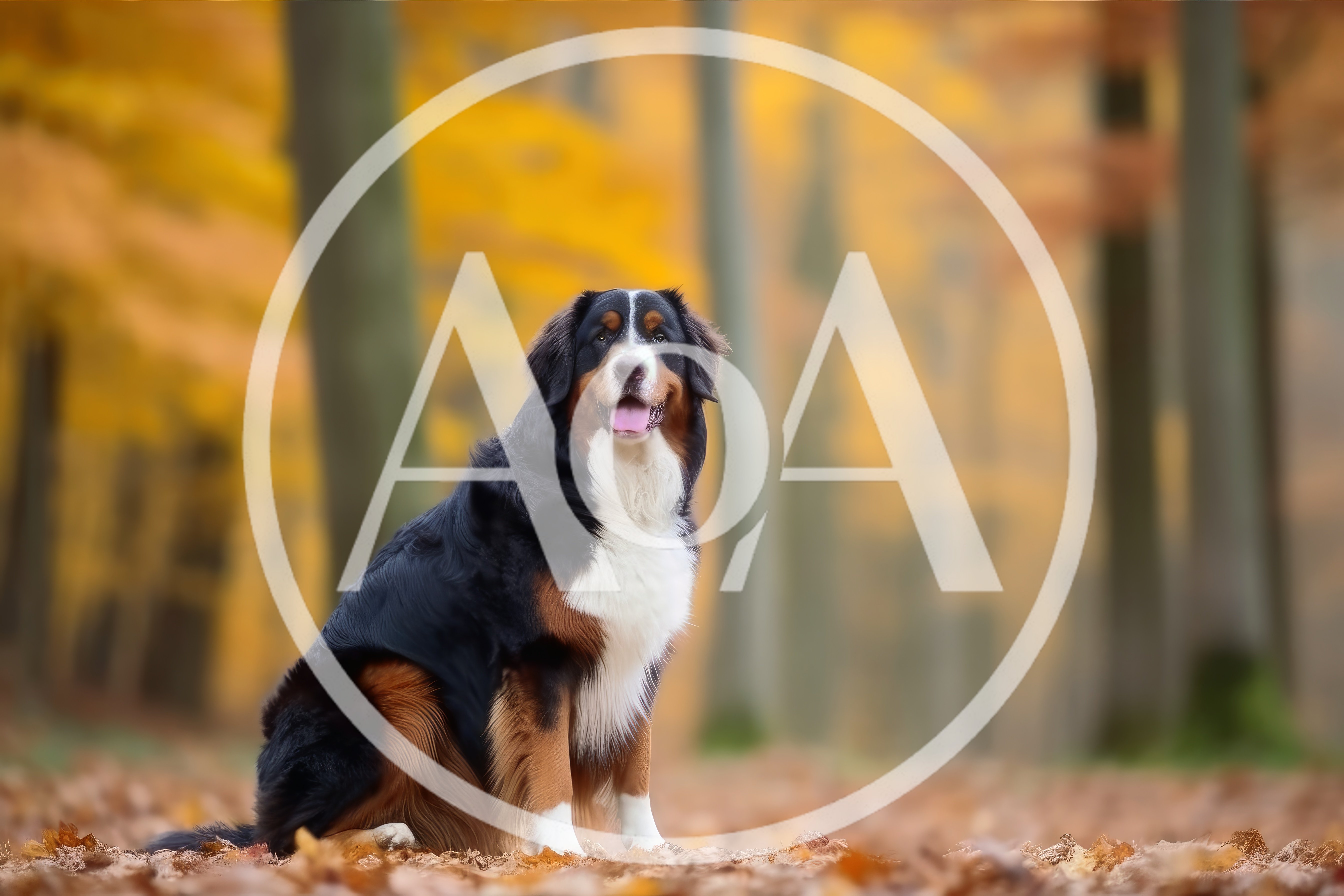 Bernese Mountain Dog Sitting In Autumn Forest