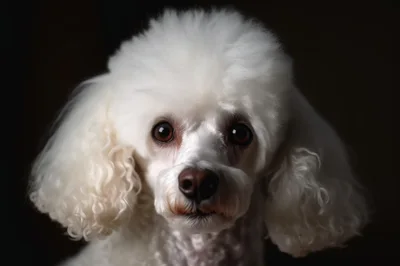 Portrait Of A White Poodle Against Dark Background