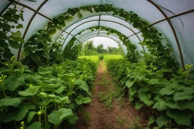 Lush Green Plants Growing Inside A Greenhouse Tunnel