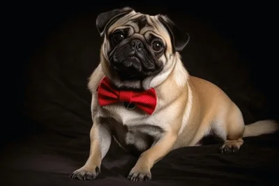Portrait Of A Cute Pug Wearing A Red Bowtie