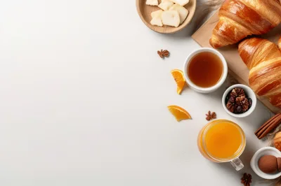 Breakfast Flat Lay With Croissants And Orange Juice