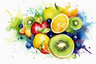 Watercolor Illustration Of Assorted Fresh Tropical Fruits