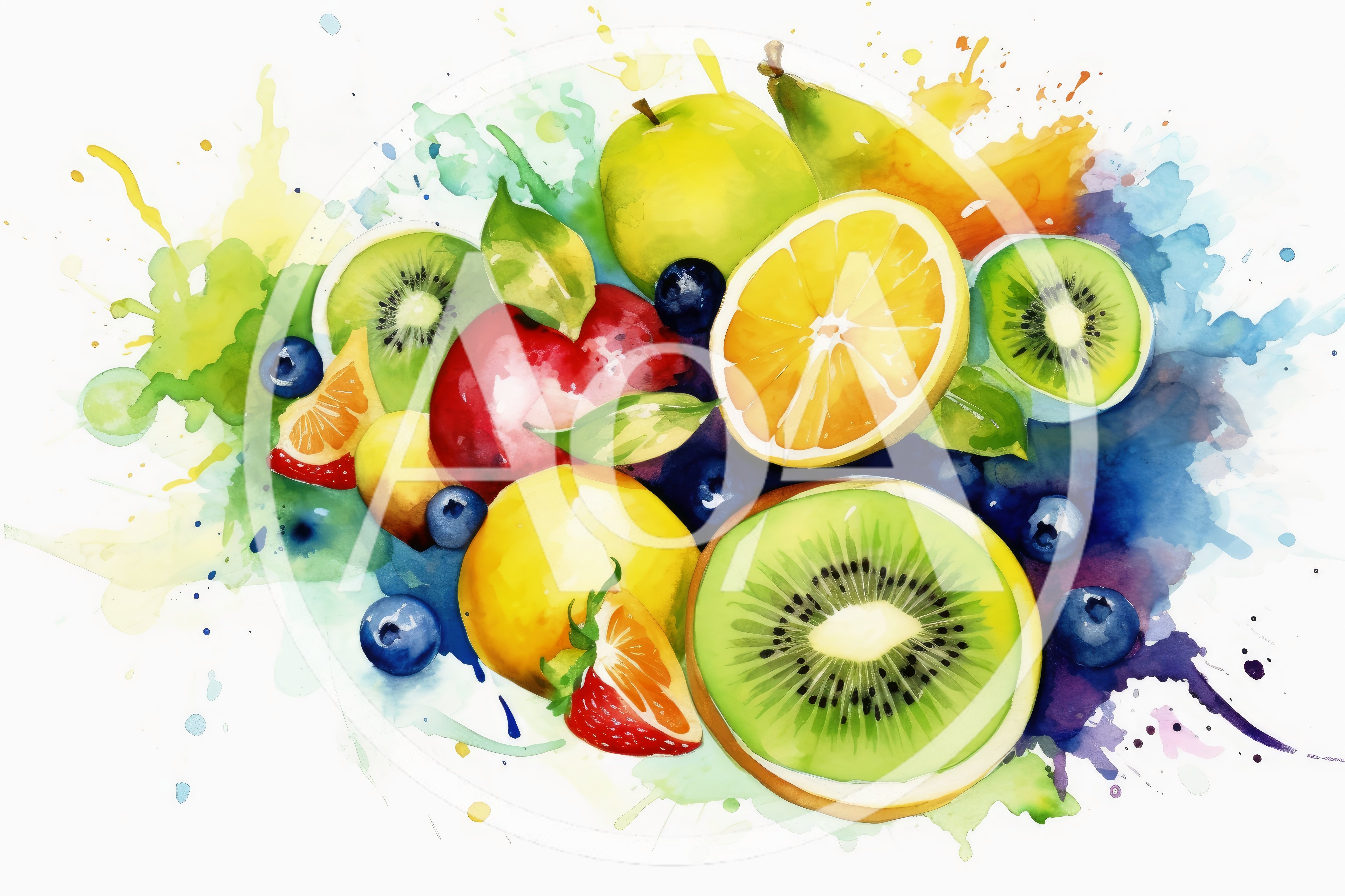 Watercolor Illustration Of Assorted Fresh Tropical Fruits