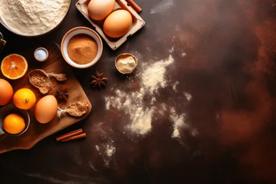 Baking Ingredients Arranged on a Dark Rustic Surface