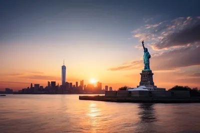 Statue Of Liberty And New York City Skyline At Sunset