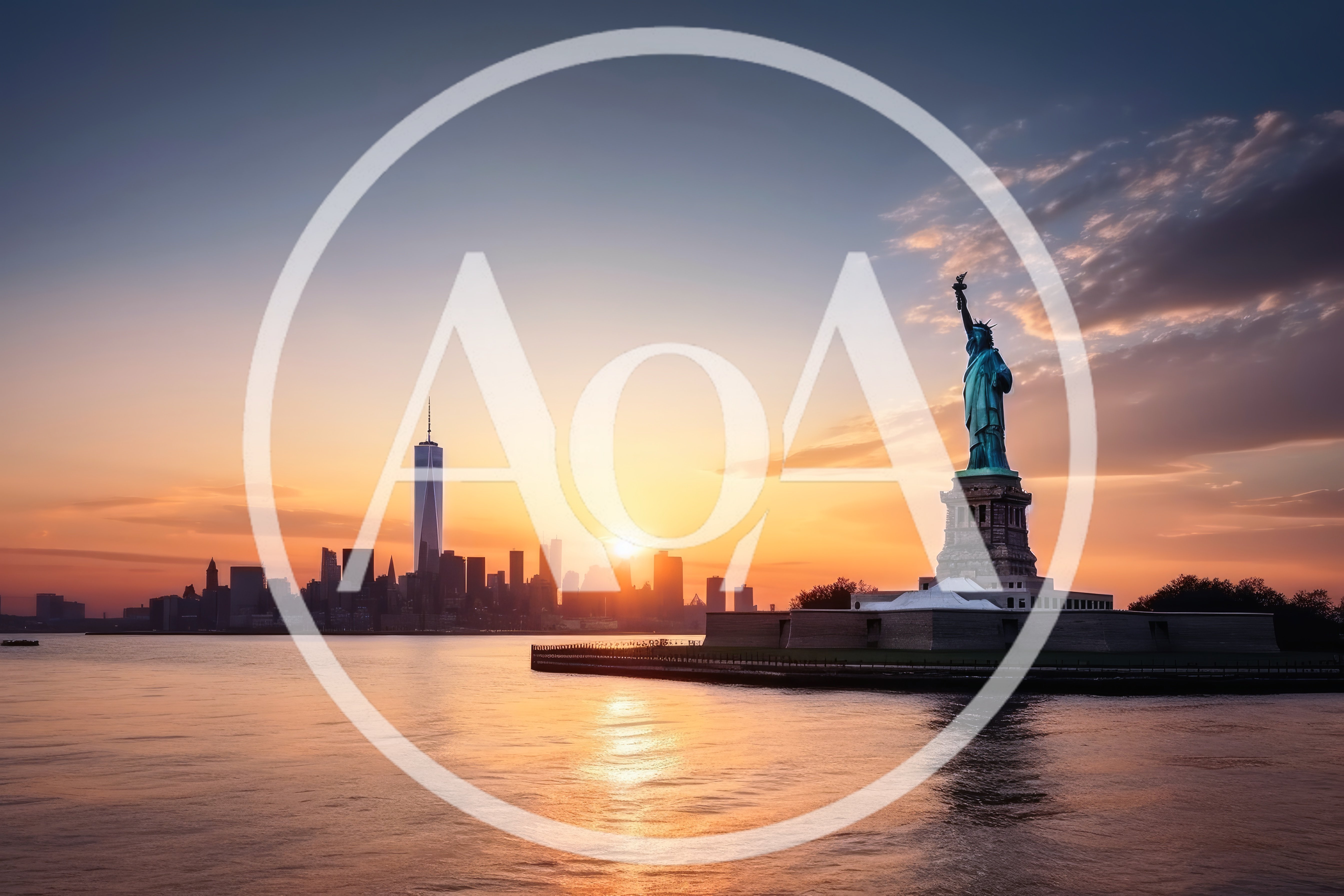 Statue Of Liberty And New York City Skyline At Sunset