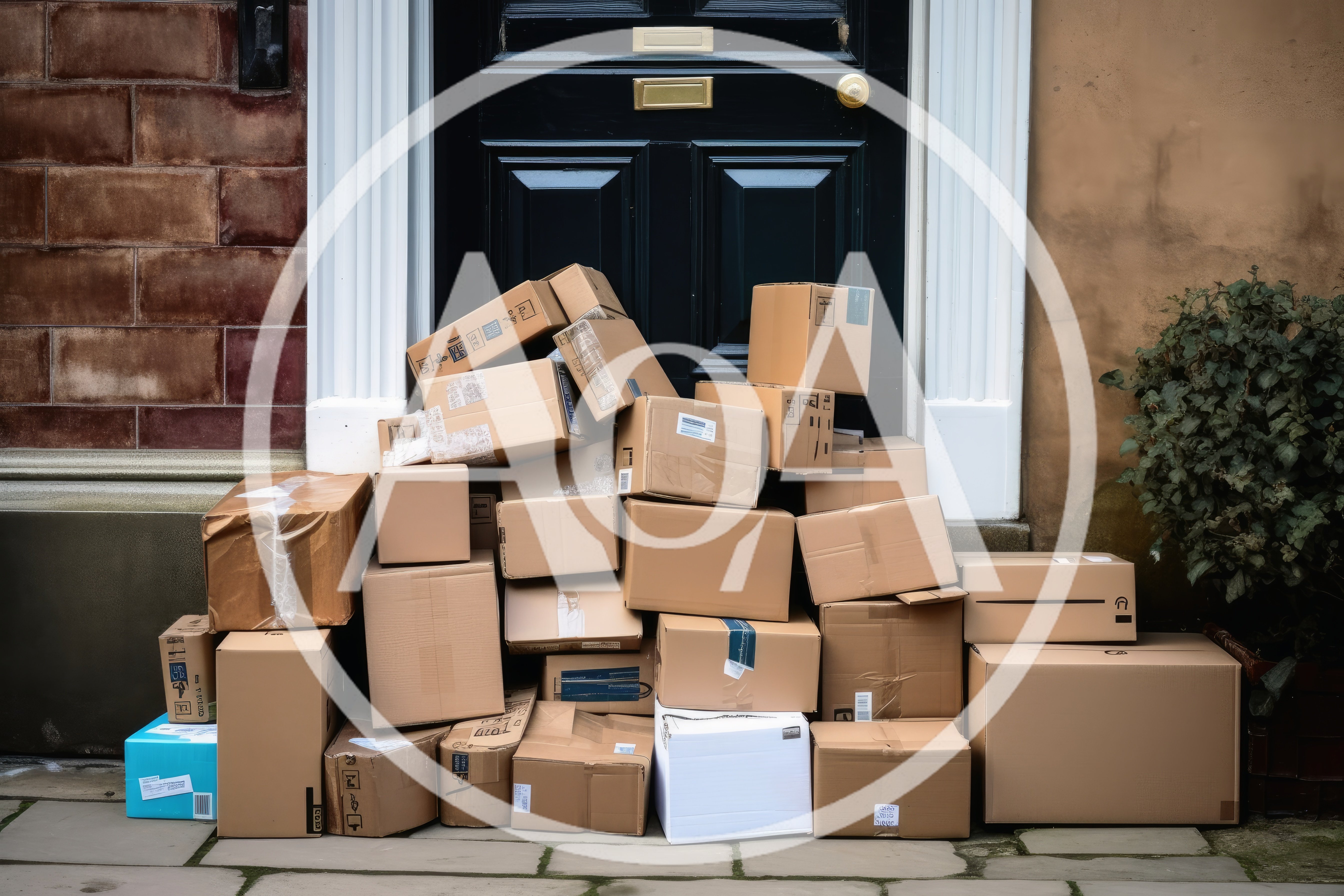 Large Pile Of Cardboard Delivery Boxes At Front Door