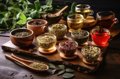 Assorted Herbal Teas and Dried Botanicals on Wooden Board