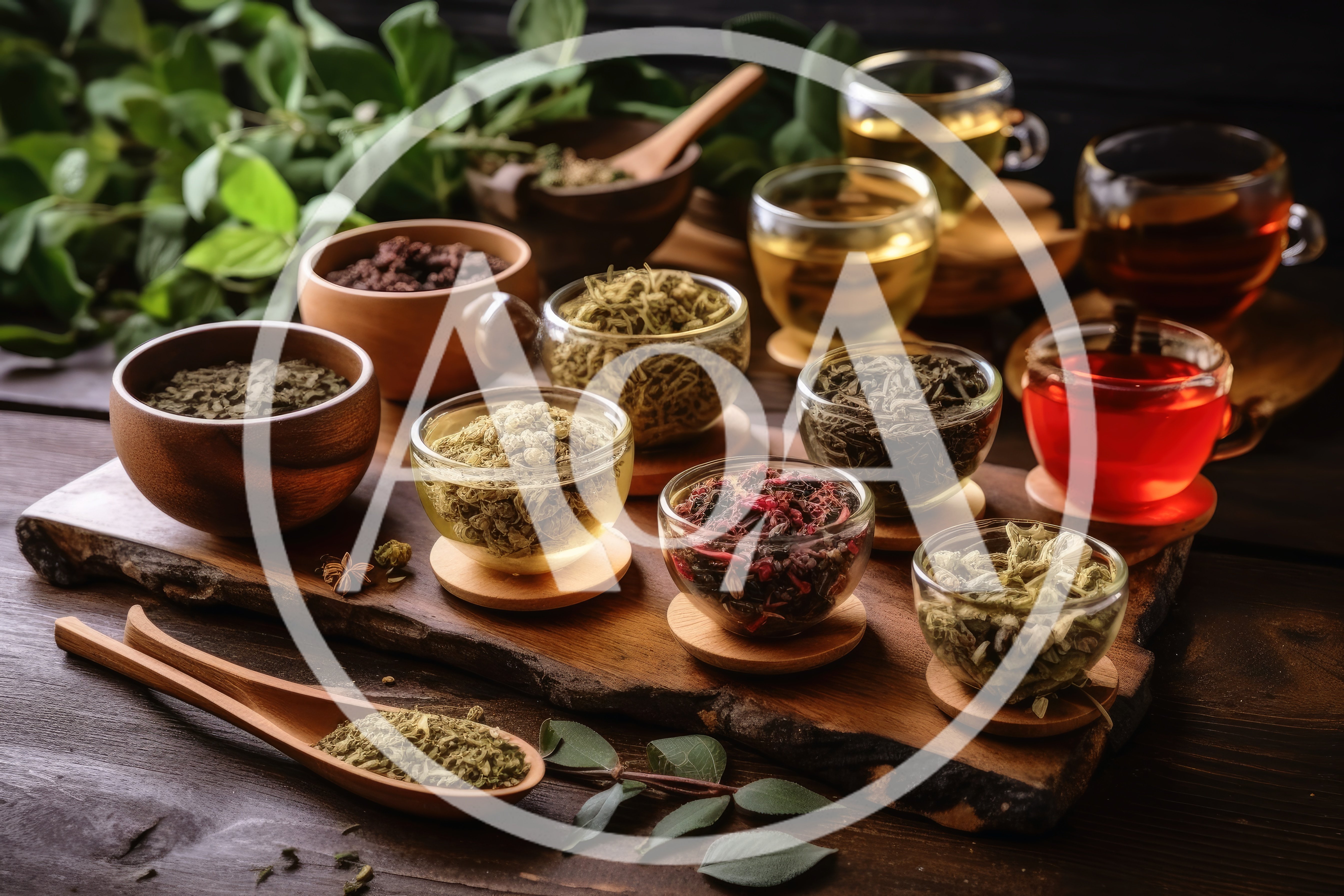 Assorted Herbal Teas and Dried Botanicals on Wooden Board