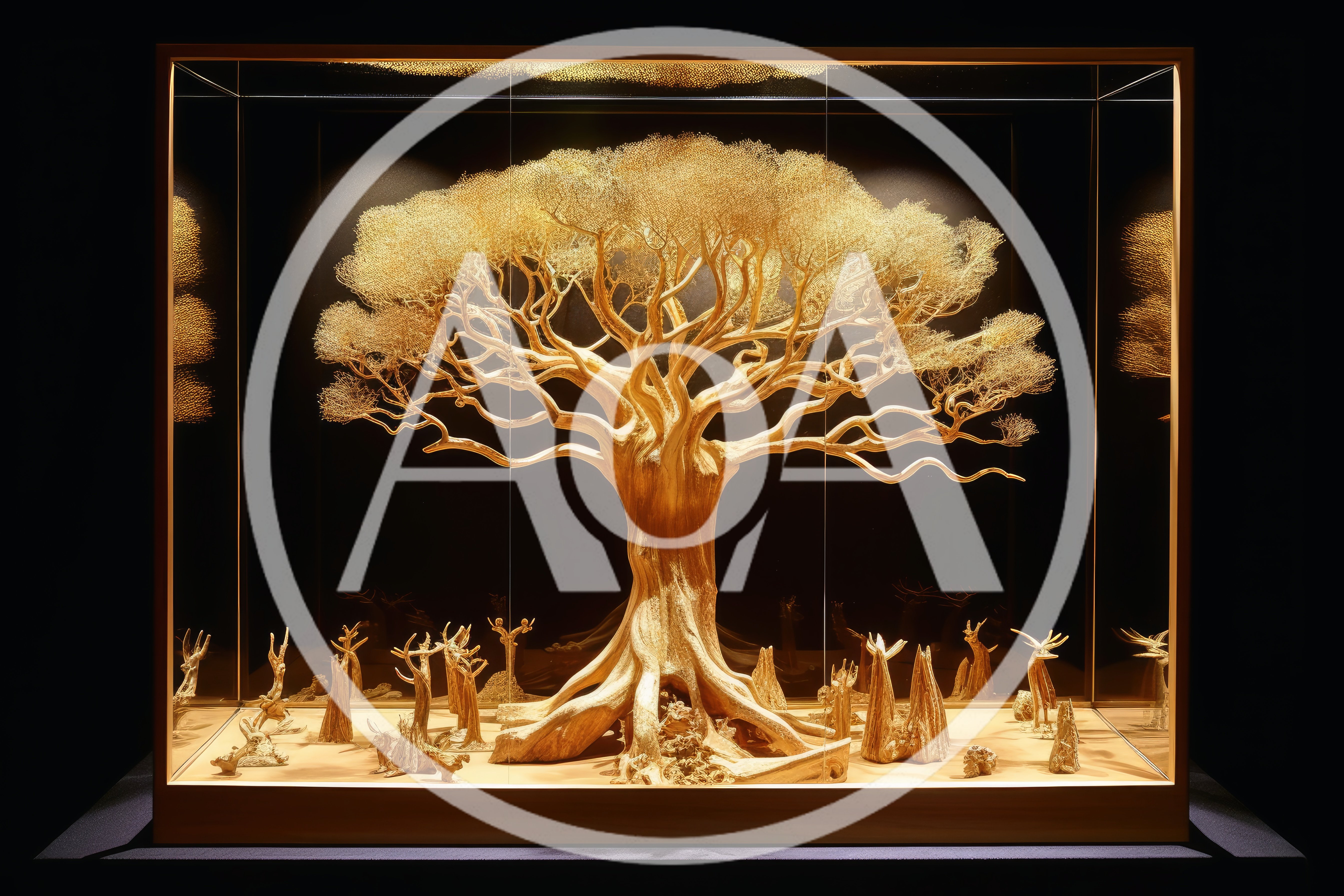 Golden Tree Sculpture Inside A Glass Display Case