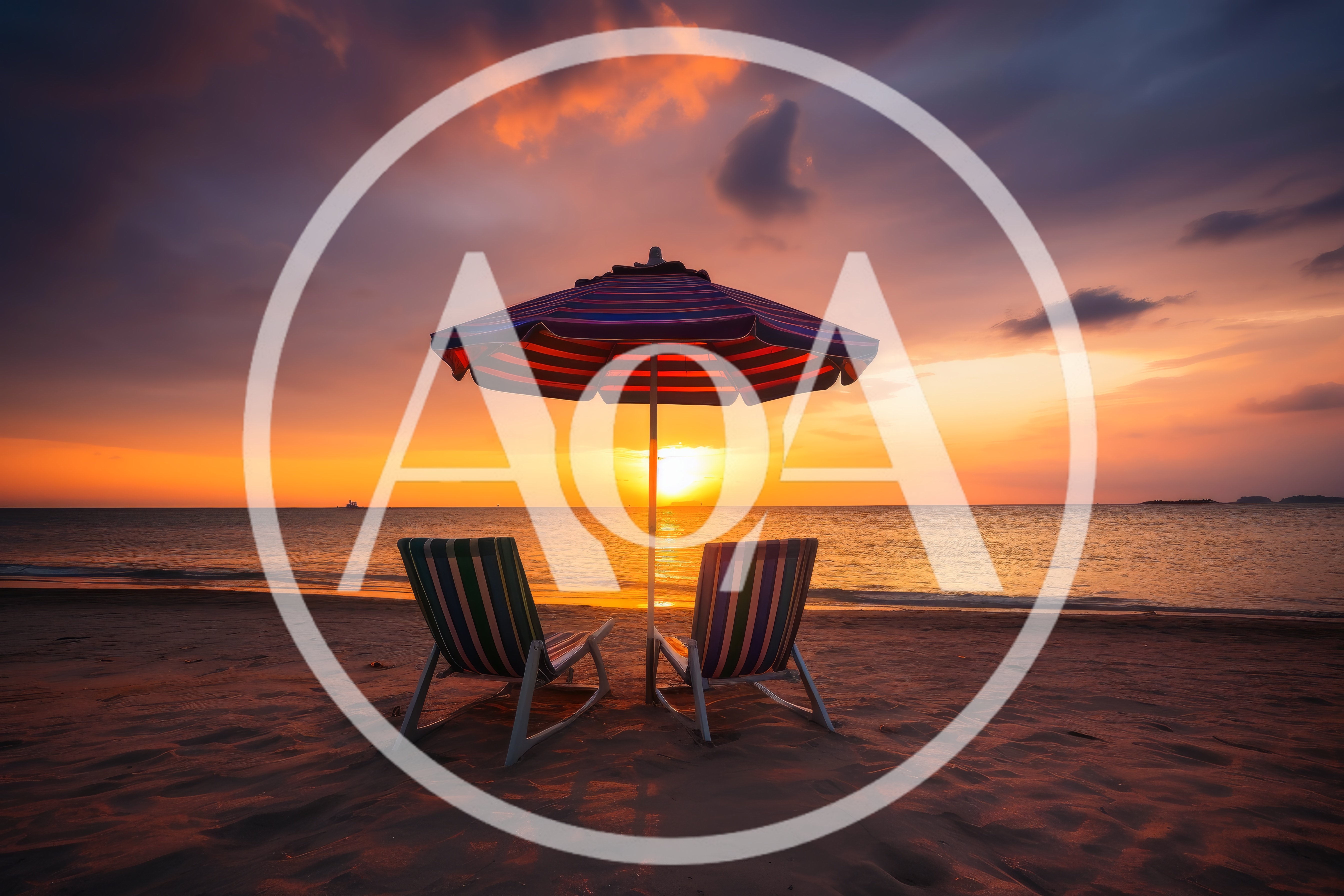 Two Beach Chairs Under Umbrella At Sunset