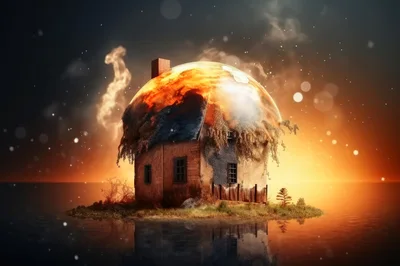 Surreal House With Burning Roof On Small Island