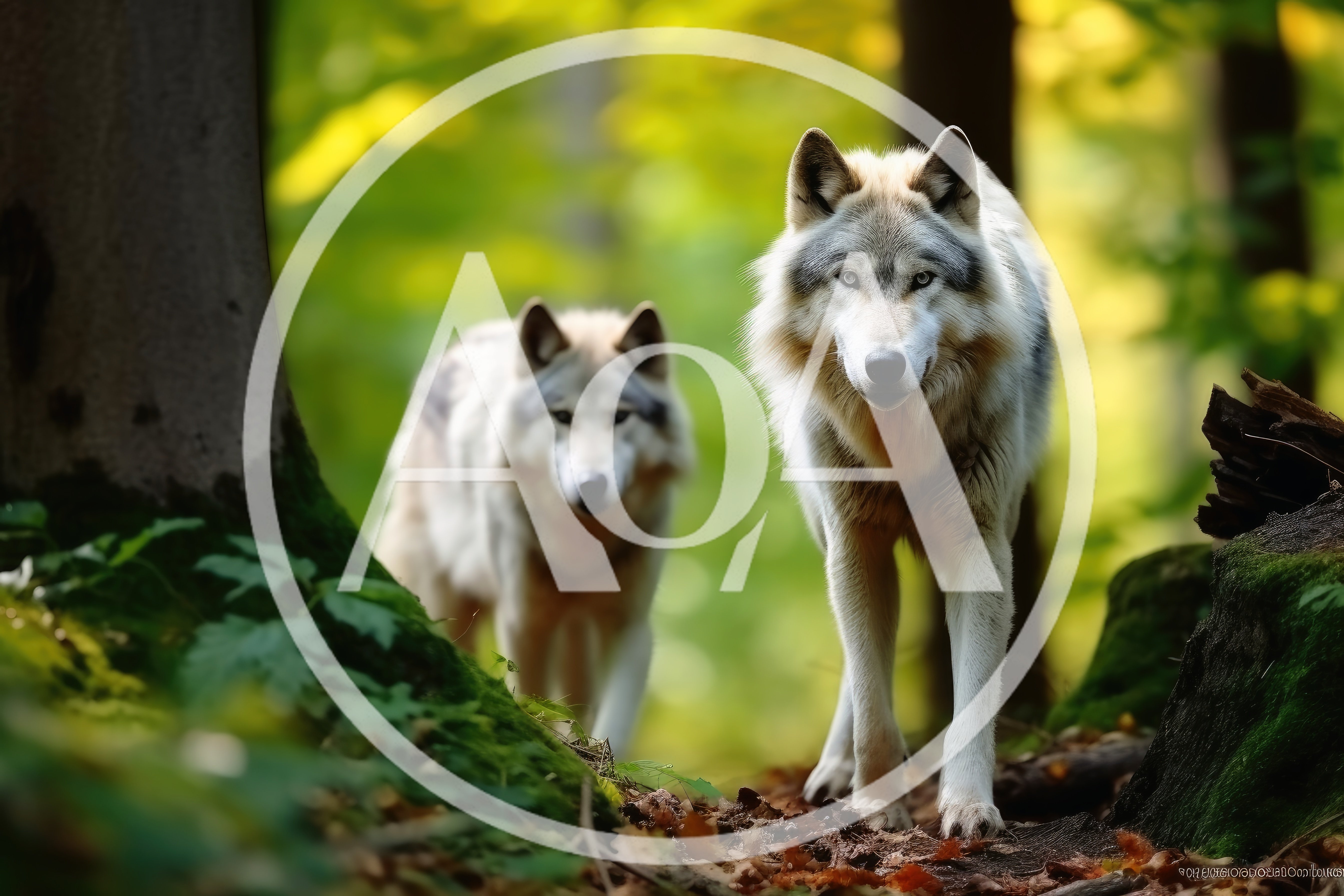 Two Gray Wolves Walking Through A Lush Forest