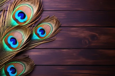 Peacock Feathers Arranged On Dark Wooden Background