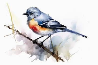 Watercolor Illustration Of A Small Blue Bird On Branch