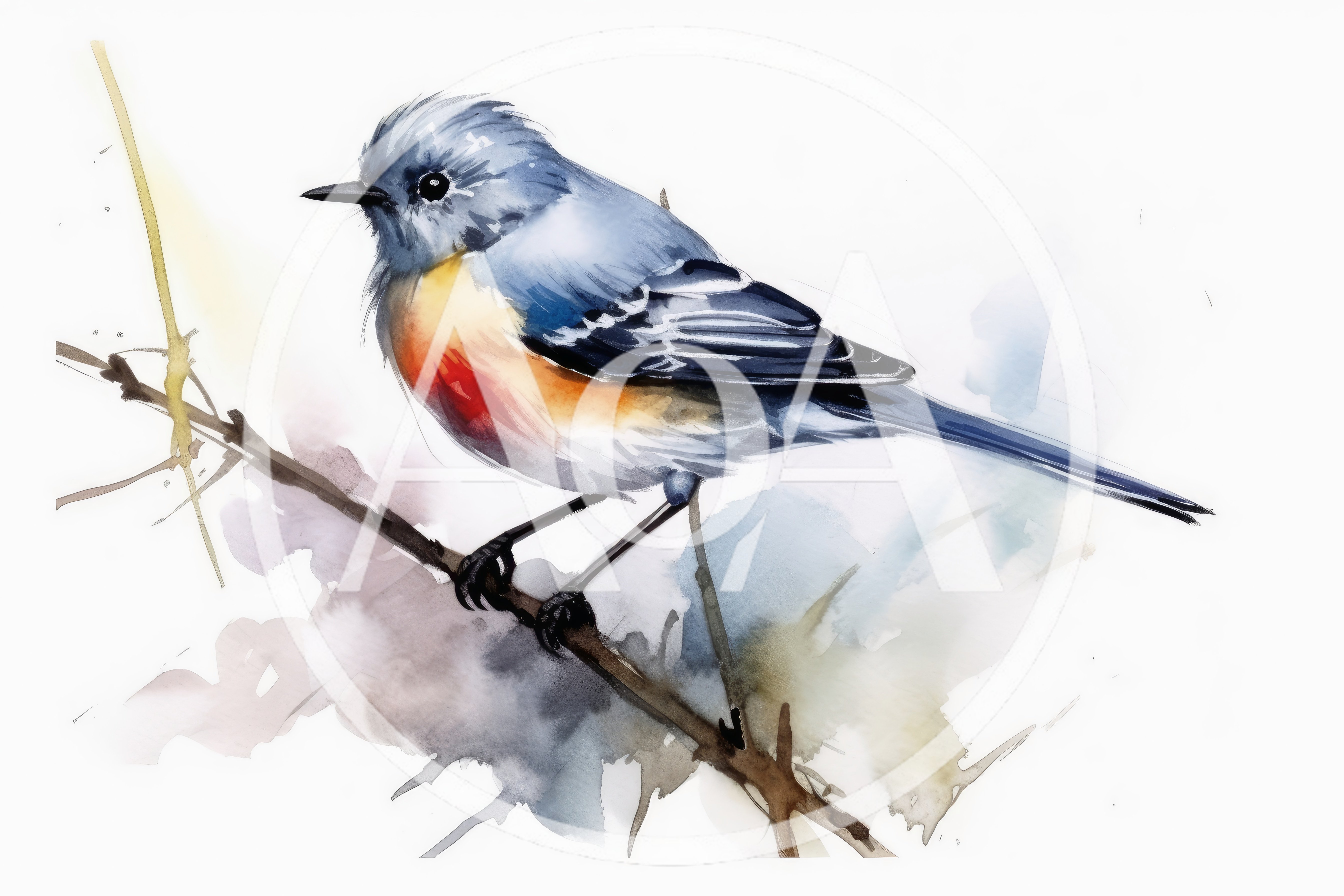 Watercolor Illustration Of A Small Blue Bird On Branch