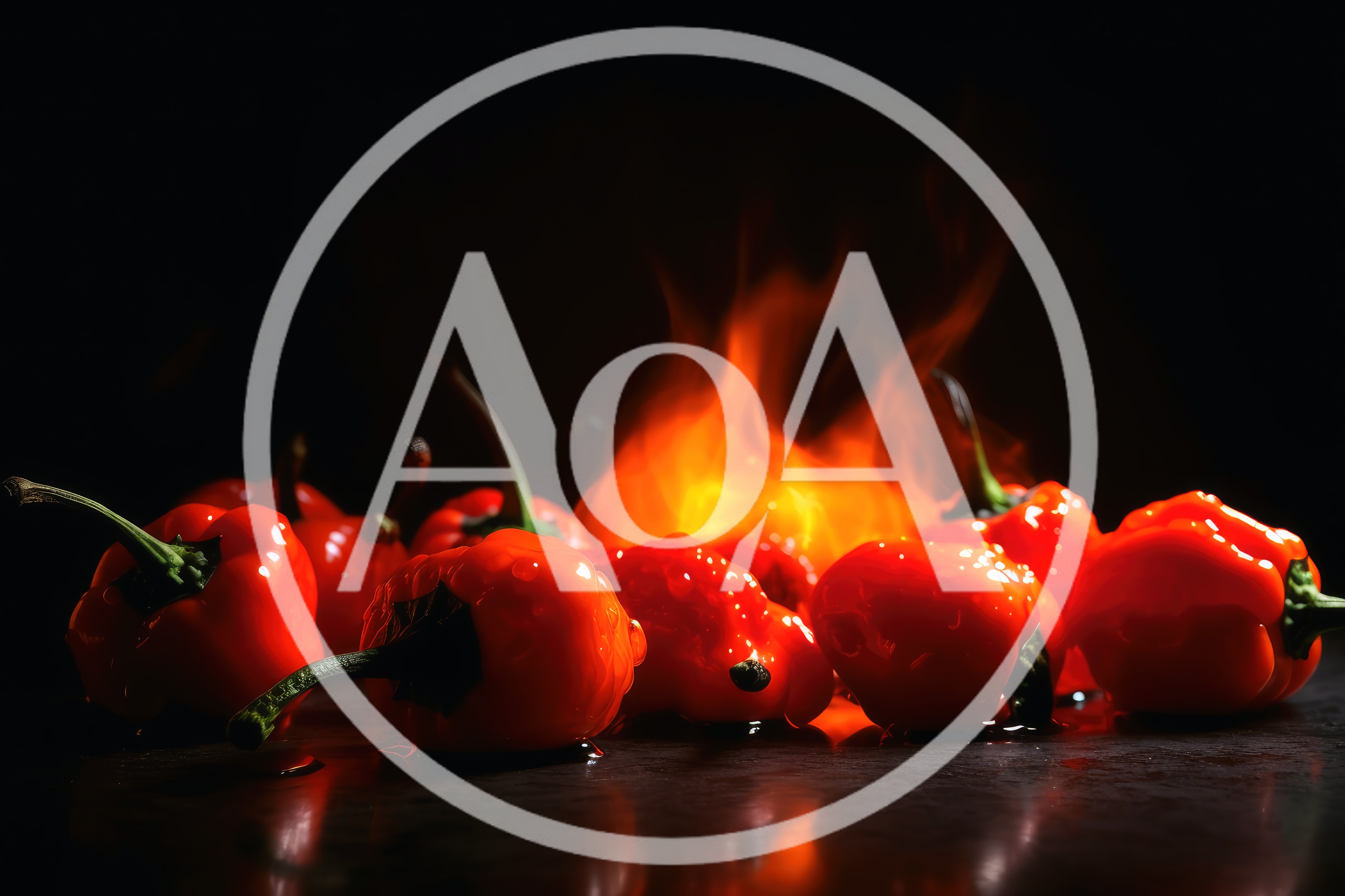 Fresh Red Habanero Peppers Surrounded By Intense Flames
