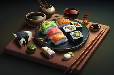 Assorted Sushi Platter On A Wooden Serving Board