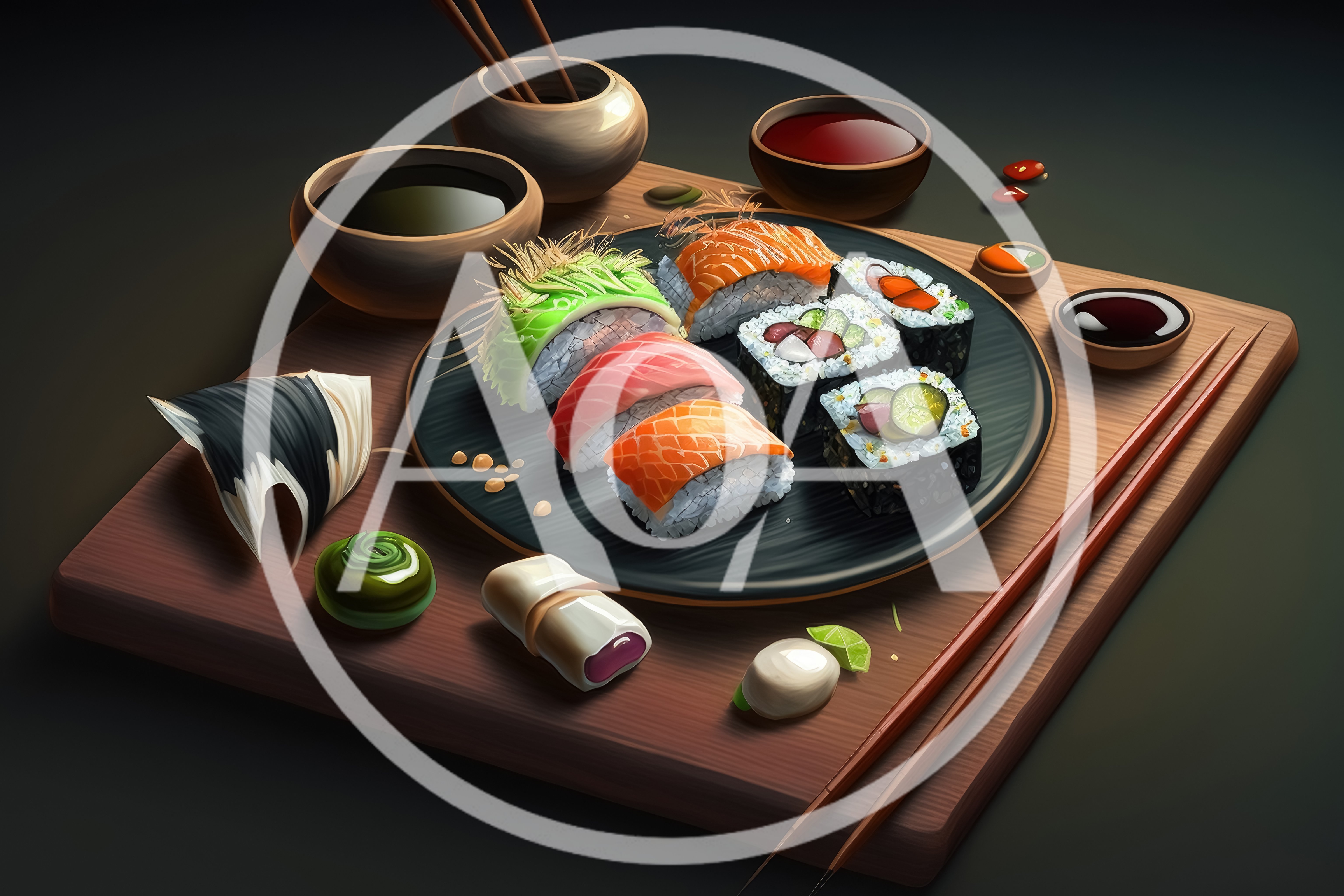 Assorted Sushi Platter On A Wooden Serving Board