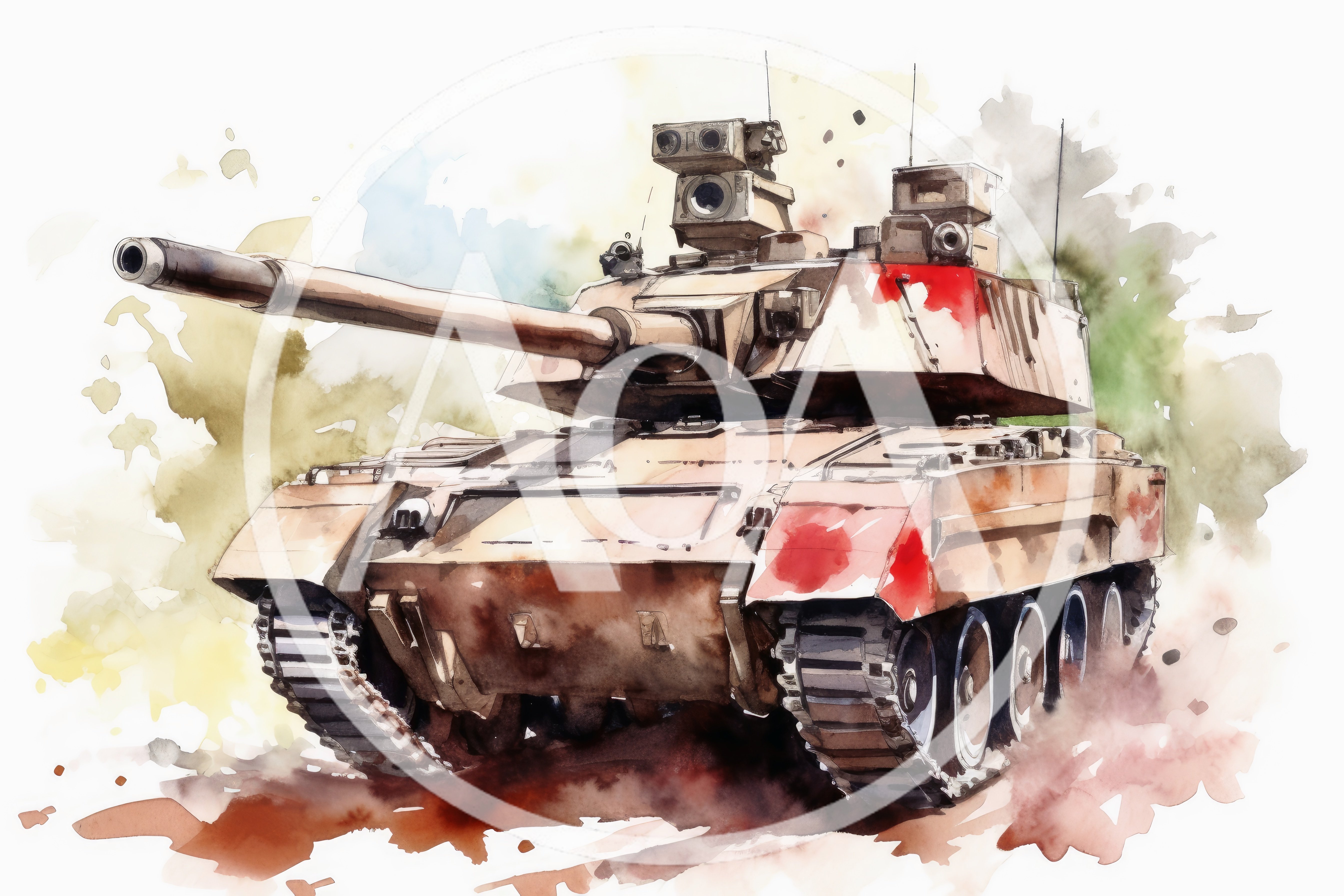 Watercolor Illustration Of A Modern Battle Tank