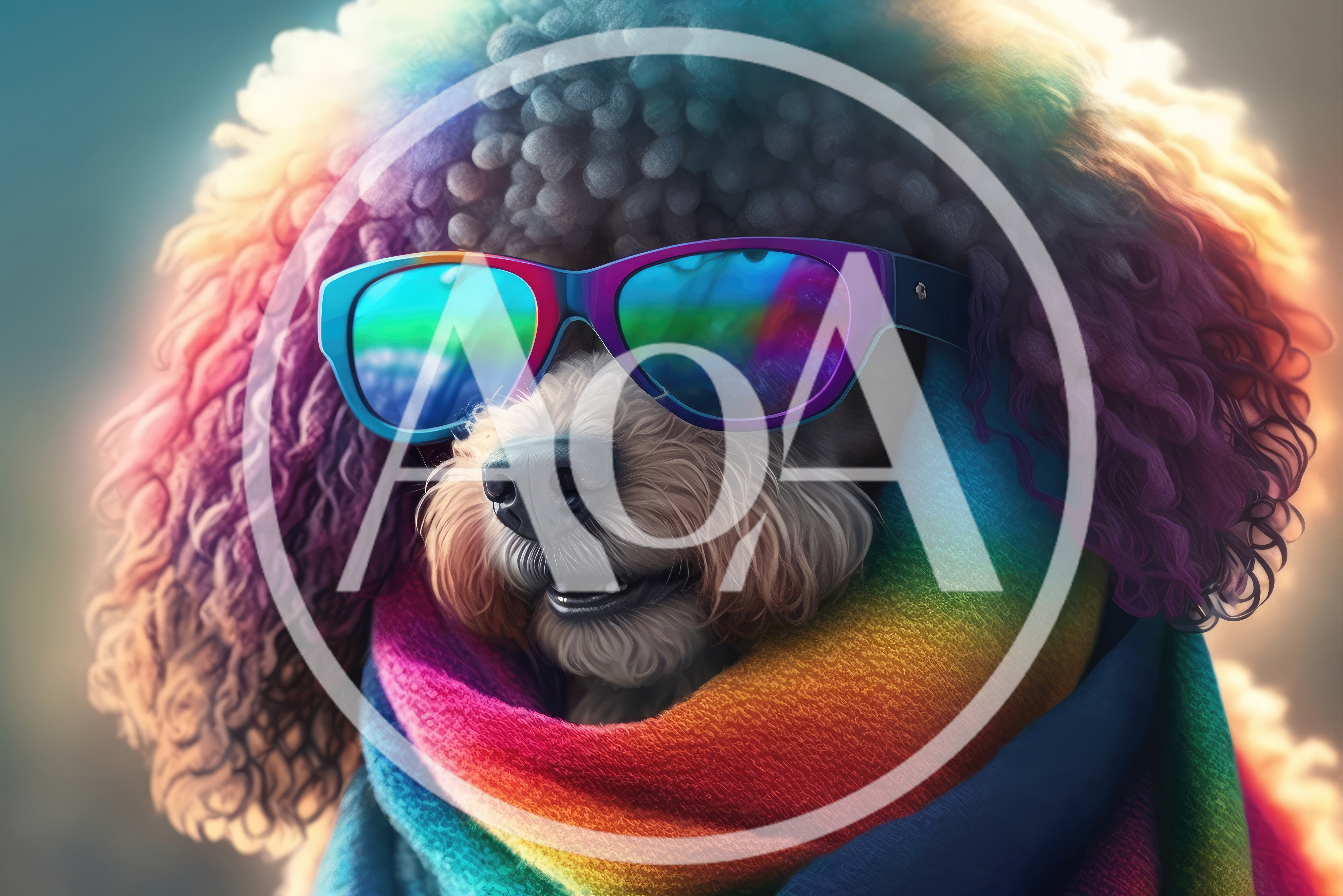 Stylish Poodle Wearing Rainbow Scarf and Sunglasses
