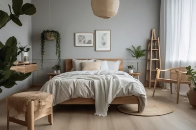 Modern Minimalist Bedroom Interior With Natural Wood Furniture