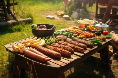 Outdoor Barbecue Feast With Grilled Sausages And Vegetables