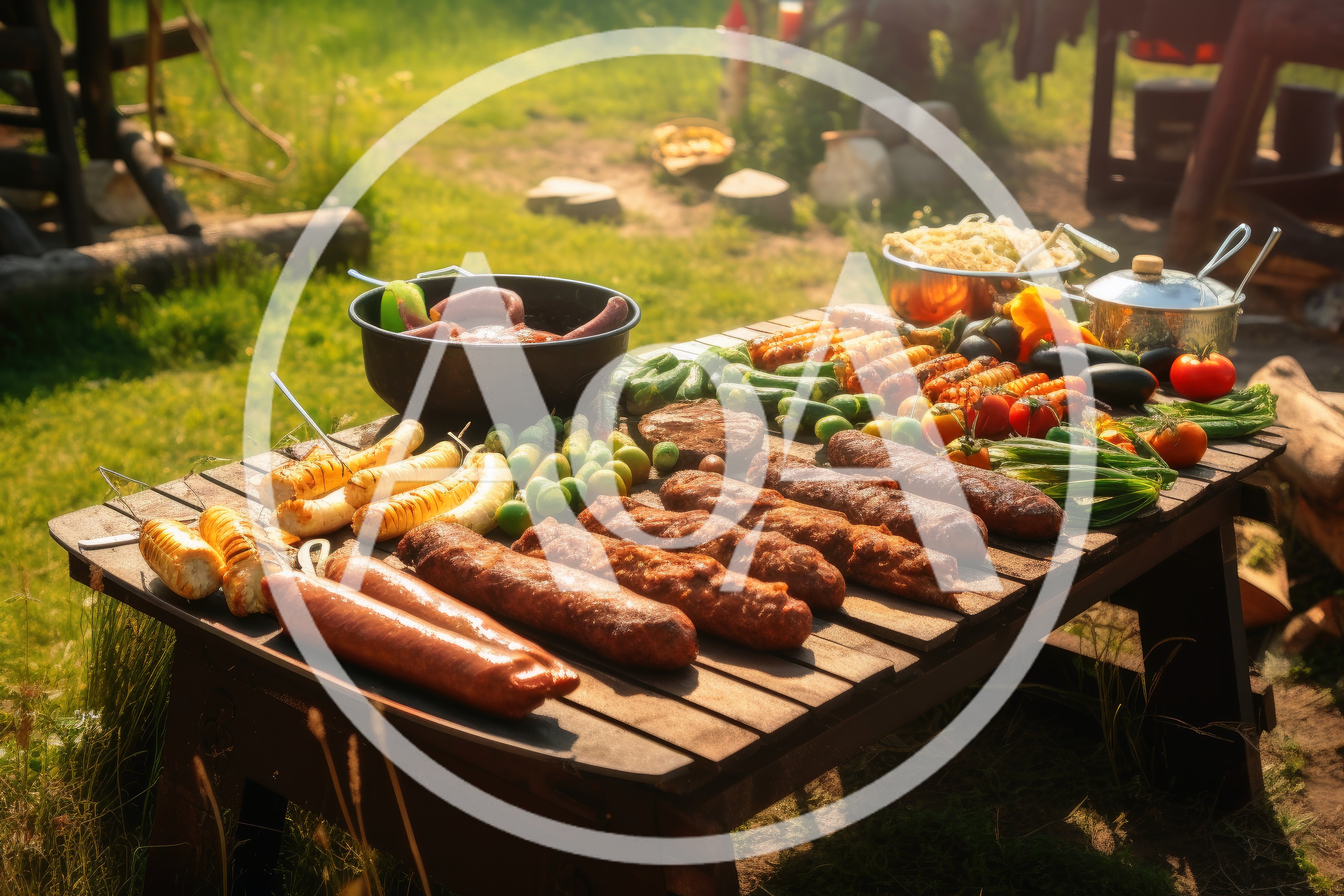 Outdoor Barbecue Feast With Grilled Sausages And Vegetables